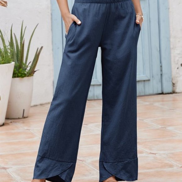 Izuria Pants - Dark Blue Pocket Tulip-Hem Straight-Leg Pants